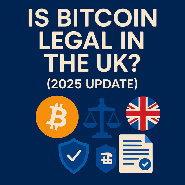 Illustration asking if Bitcoin is legal in the UK in 2025, with icons for law, security, and UK regulation