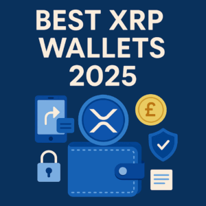 Illustrated graphic displaying “Best XRP Wallets 2025” with icons for mobile, security, XRP logo, UK currency, and wallet.