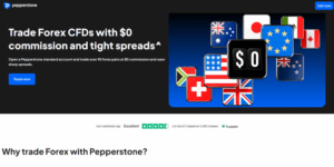 Lowest Spread Forex Brokers 11 Pepperstone forex trading homepage promoting $0 commission and tight spreads with global flags and Trustpilot rating.