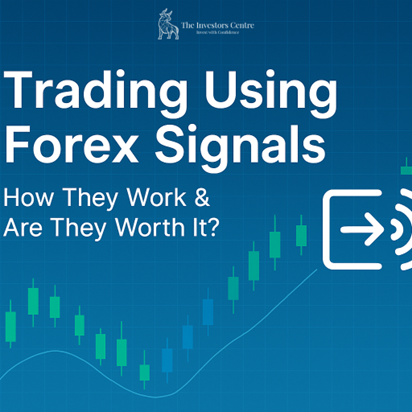 Featured image for blog post titled 'Trading Using Forex Signals' showing candlestick chart on blue grid background with signal icon and subtitle 'How They Work & Are They Worth It?' – by The Investors Centre