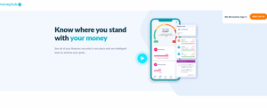 Moneyhub homepage displaying a unified financial overview and tools for budgeting and goal tracking.