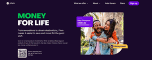Plum app homepage promoting smart saving and investing tools for long-term financial planning.