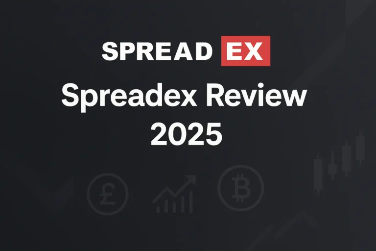 Spreadex Review 2025 graphic with Spreadex logo, candlestick chart, pound and Bitcoin icons on a dark background