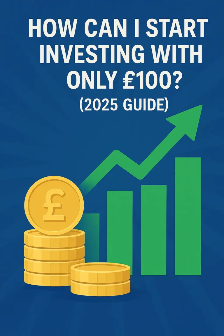 Illustration showing how to start investing £100 in the UK with rising bar chart, pound coins, and growth arrow – beginner investment guide 2025.