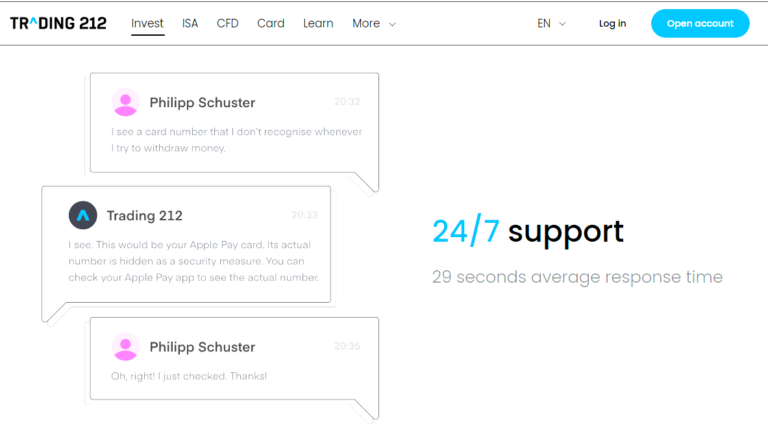 Trading 212 live chat support example with a customer query and fast 24/7 response time highlighted at 29 seconds