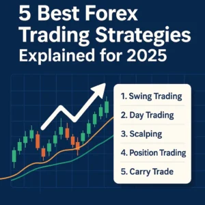 Illustration of candlestick chart and upward trend highlighting top 5 forex trading strategies for 2025: swing trading, day trading, scalping, position trading, and carry trade.