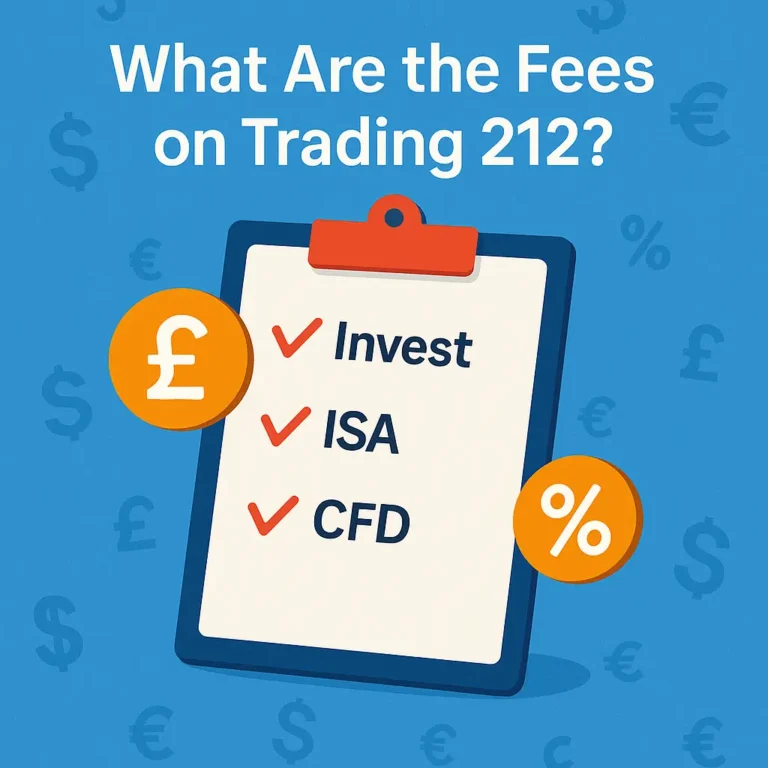 Graphic showing Trading 212 fees for Invest, ISA, and CFD accounts with checklist and currency symbols on blue background