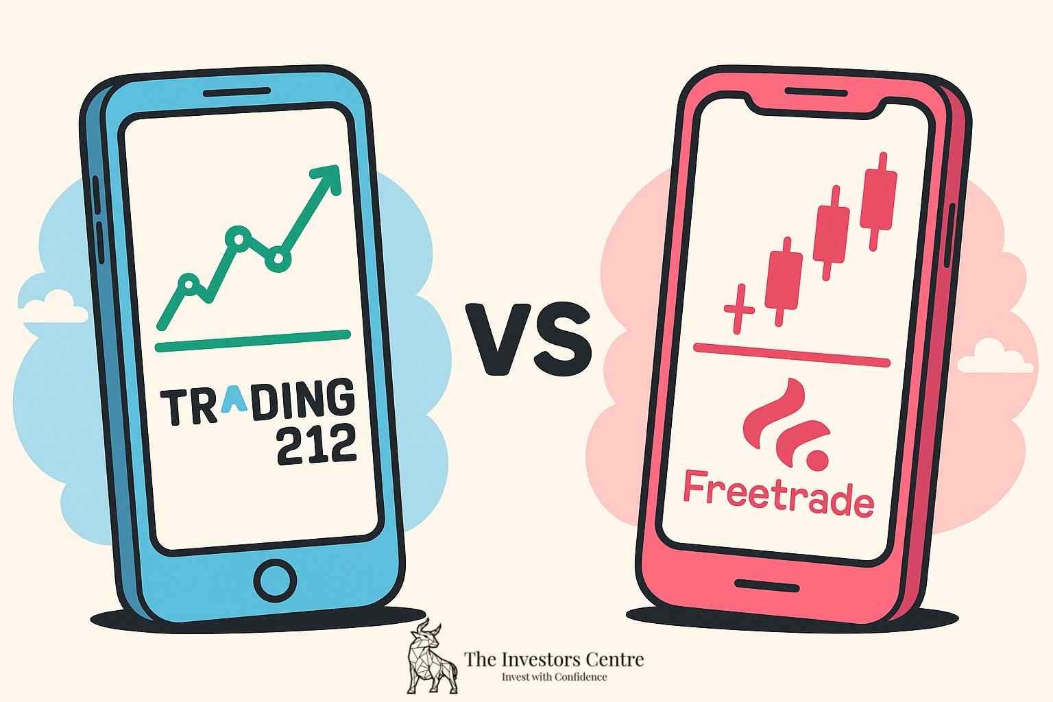 Illustration comparing Trading 212 vs Freetrade investment apps on mobile phones, highlighting chart performance and user experience
