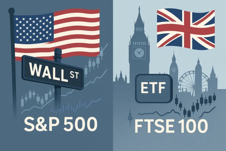 Comparison of US and UK investment funds in 2025 showing Wall Street, S&P 500, FTSE 100, ETF icons, and national flags in a split-screen layout