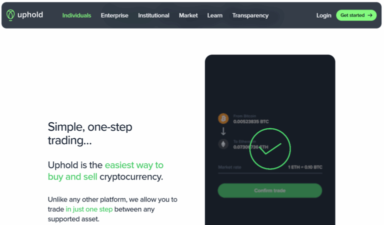 Best Trading 212 Alternatives 20 Uphold crypto trading platform interface showing one-step Bitcoin to Ethereum exchange, with confirmation screen and tagline promoting easy cryptocurrency trading.
