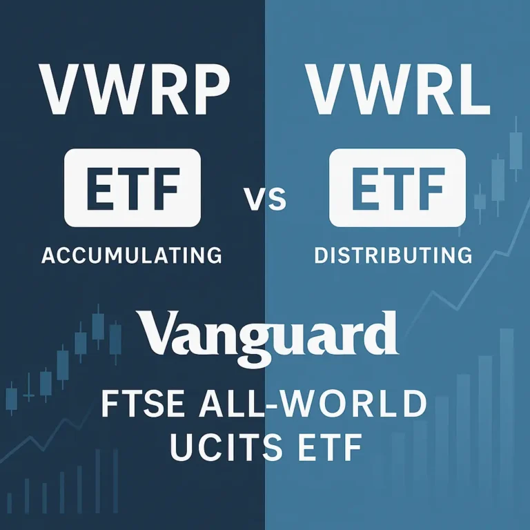 Side-by-side graphic comparing Vanguard VWRP and VWRL ETFs, highlighting accumulating vs distributing dividend strategies for FTSE All-World UCITS funds