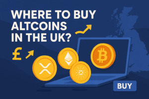 Where to buy altcoins in the UK – guide featuring Bitcoin, Ethereum, XRP, and Cardano with UK map and buy icon