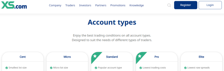 XS account types screengrab