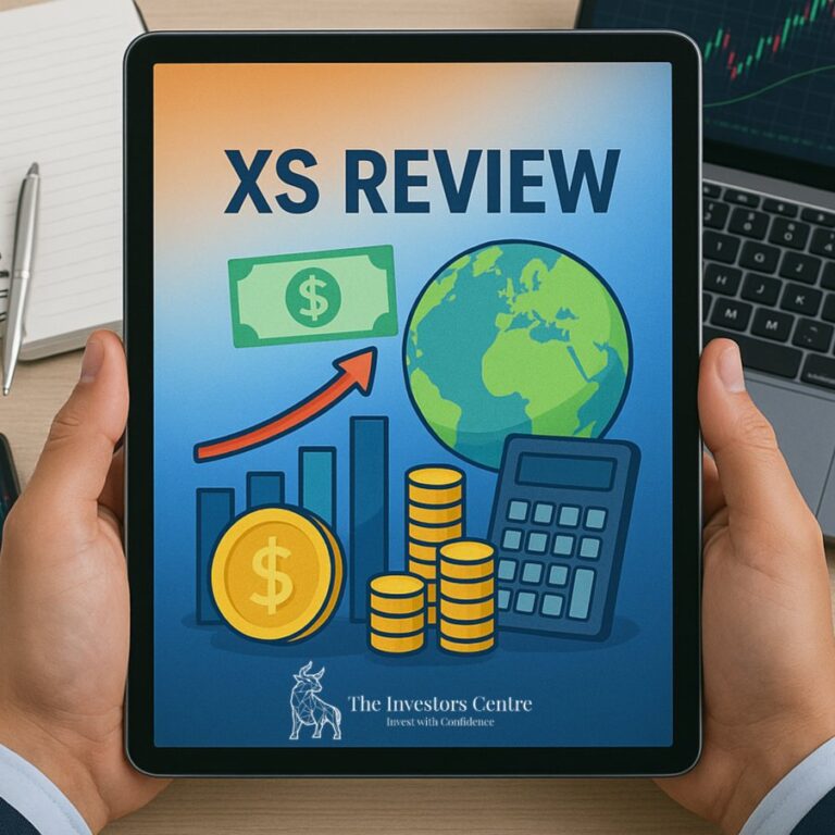 Business professional holding a tablet displaying an XS Review financial graphic with global finance icons, bar charts, and currency symbols; branded with The Investors Centre logo, set against a desk with trading tools.