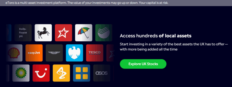 Best Trading 212 Alternatives 19 eToro UK stocks platform promoting investment in local companies like Rolls-Royce, Barclays, Tesco, and Shell, with a call-to-action to explore UK assets.