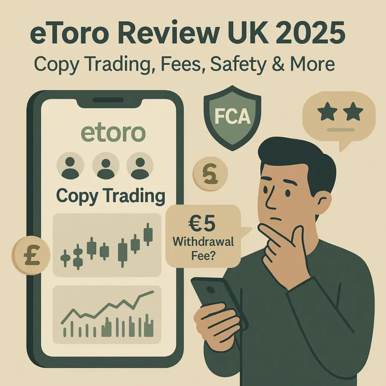 Illustration of eToro UK 2025 app review with copy trading icons, FCA badge, pound coins, and a mobile user considering fees, highlighting platform safety and social investing features.