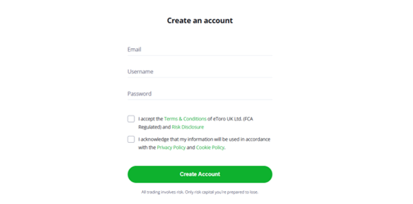 eToro UK account creation form with fields for email, username, and password, plus terms and conditions for new users