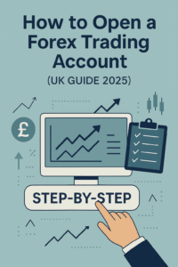 Flat illustration showing steps to open a forex trading account in the UK with charts, checklist, and pound symbol.