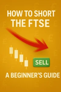 Best Forex Trading Strategies 16 How to short the FTSE index – beginner's guide with red downward arrow, candlestick chart, sell button on a gold background