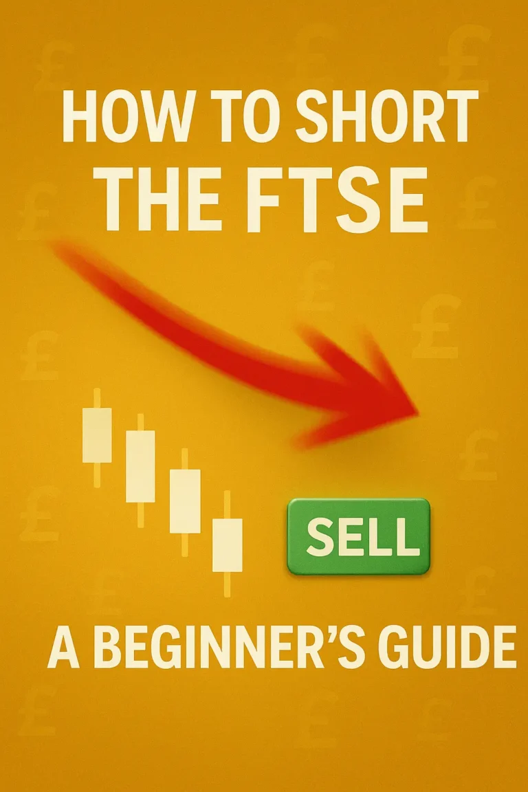 How to short the FTSE index – beginner's guide with red downward arrow, candlestick chart, sell button on a gold background