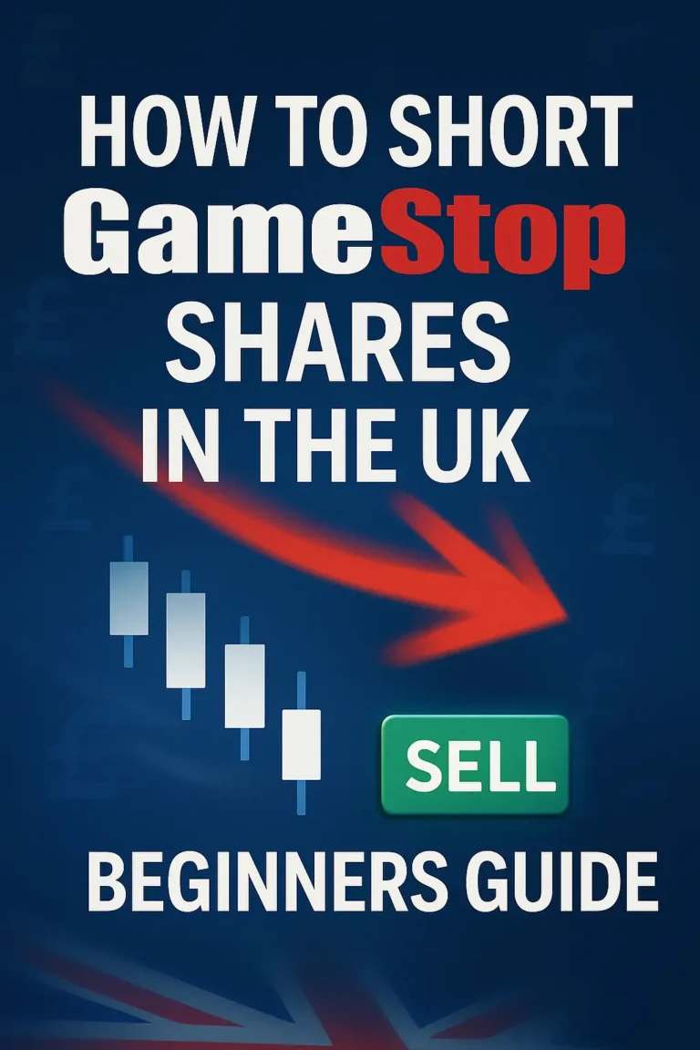 How to short GameStop shares in the UK – beginners guide with candlestick chart, downward red arrow, and sell button illustration
