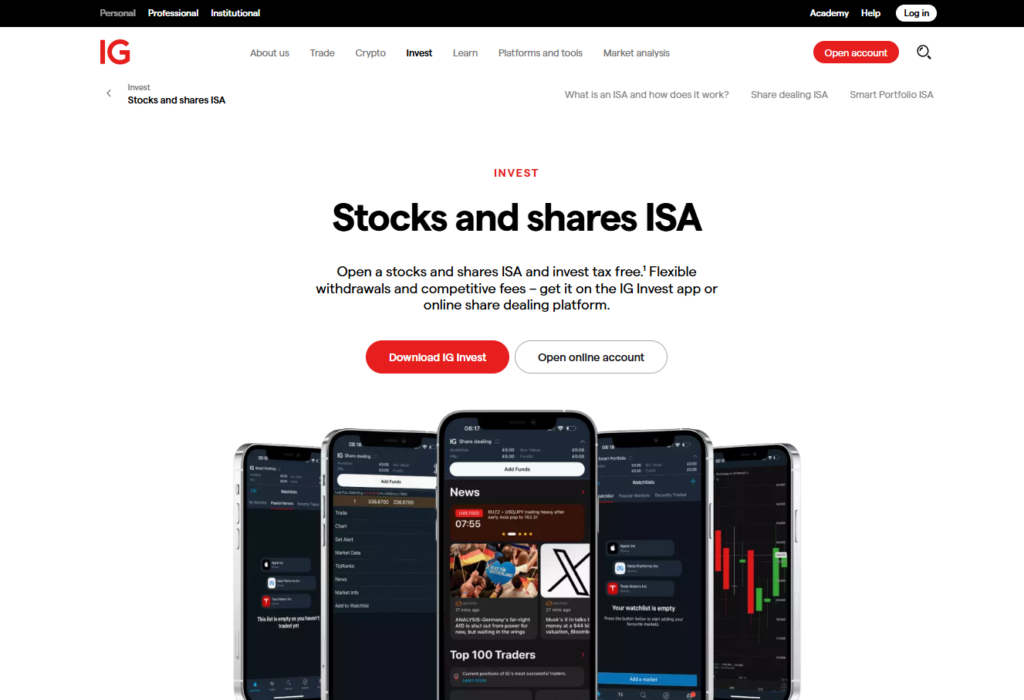 Best Roth IRA Equivalents for UK Investors 12 IG platform overview for Stocks and Shares ISA with app screenshots, flexible withdrawals, and competitive fees