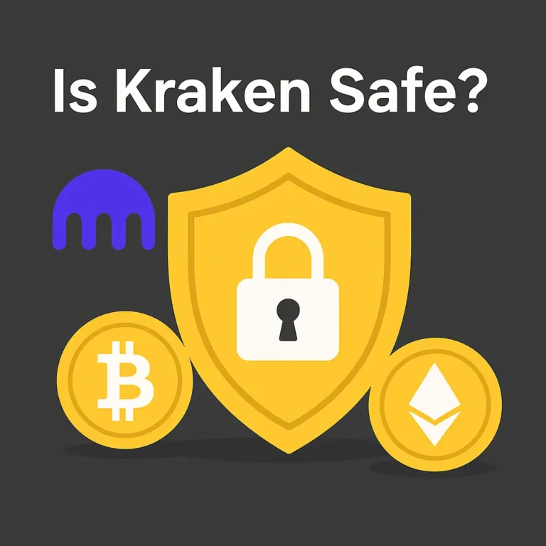 Illustration of a gold security shield with a padlock, surrounded by Bitcoin, Ethereum, and the Kraken logo, with the text “Is Kraken Safe?” — representing a secure and trusted crypto exchange review for UK users.