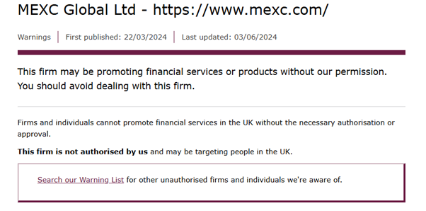 Is MEXC Safe? 4 FCA warning notice for MEXC Global Ltd stating the firm is not authorised to offer financial services in the UK