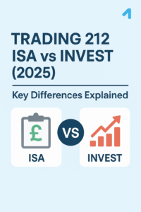 Trading 212 ISA vs Invest 2025 comparison infographic showing key differences with ISA pound icon and Invest growth chart, ideal for UK investors evaluating tax-free and general investment accounts