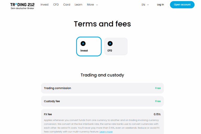 Trading 212 Invest account terms and fees for 2025, highlighting zero commission, no custody fee, and 0.15% FX fee – screenshot from official broker website.