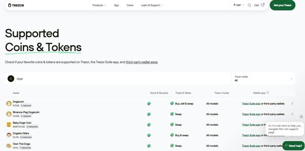Trezor’s supported coins list showing Dogecoin and other meme coins, with compatibility across different wallet models