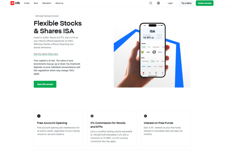 Best Roth IRA Equivalents for UK Investors 10 XTB website showing flexible Stocks and Shares ISA with 0% commission, 4.5% interest, and thousands of stocks and ETFs to invest in