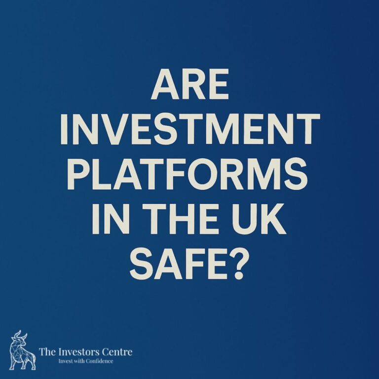 Deep blue background with white bold text asking 'Are Investment Platforms in the UK Safe?'