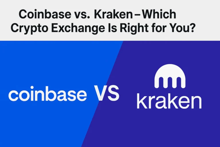 Coinbase vs. Kraken comparison graphic showing branded colors, highlighting key differences between the two cryptocurrency exchanges in 2025.