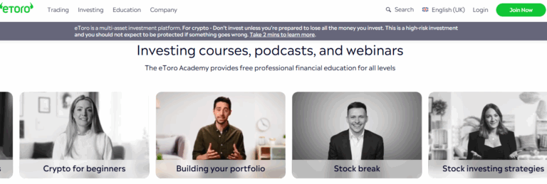 Courses podcasts and webinars eToro screengrab