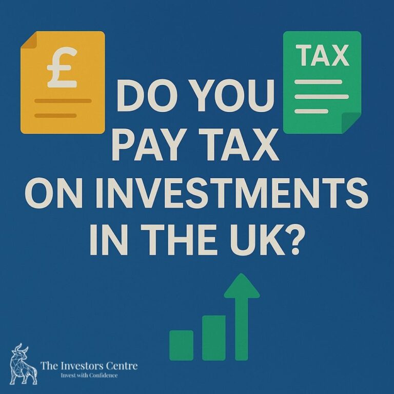 Blue background with white text asking 'Do You Pay Tax on Investments in the UK?', flanked by icons of a pound document and a green tax form