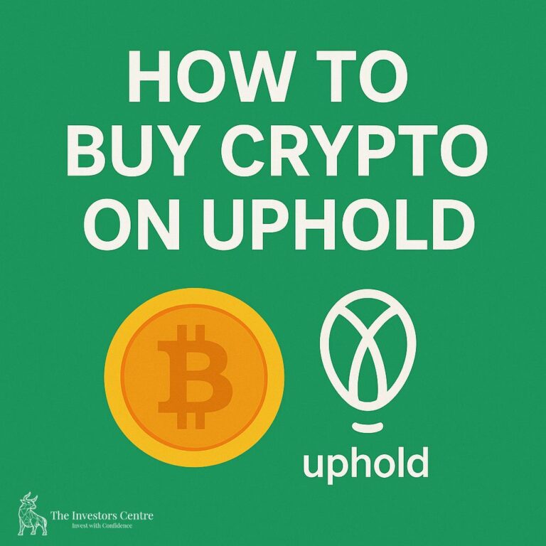 Green background image showing Bitcoin symbol and Uphold logo with text How to Buy Crypto on Uphold