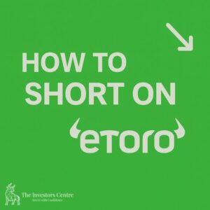 Bright green background with white text 'How to Short on eToro', eToro logo, and downward arrow icon