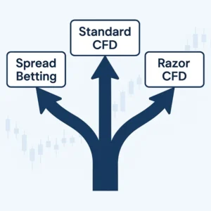 Illustration showing Pepperstone account choices: Spread Betting, Standard CFD, and Razor CFD branching as options for traders.
