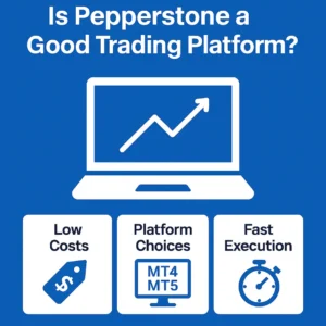 Infographic asking if Pepperstone is a good trading platform with highlights of low costs, MT4 and MT5 platform choices, and fast execution.