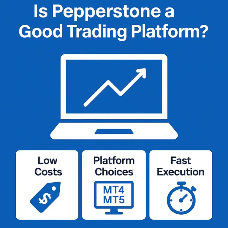 Infographic asking if Pepperstone is a good trading platform with highlights of low costs, MT4 and MT5 platform choices, and fast execution.