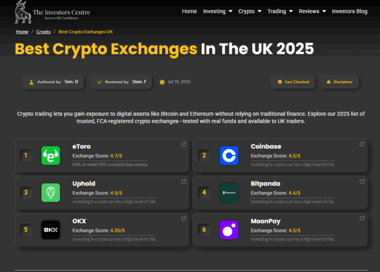 Best crypto exchanges in the UK 2025 comparison chart featuring eToro, Coinbase, Uphold, Bitpanda, OKX, and MoonPay with exchange ratings
