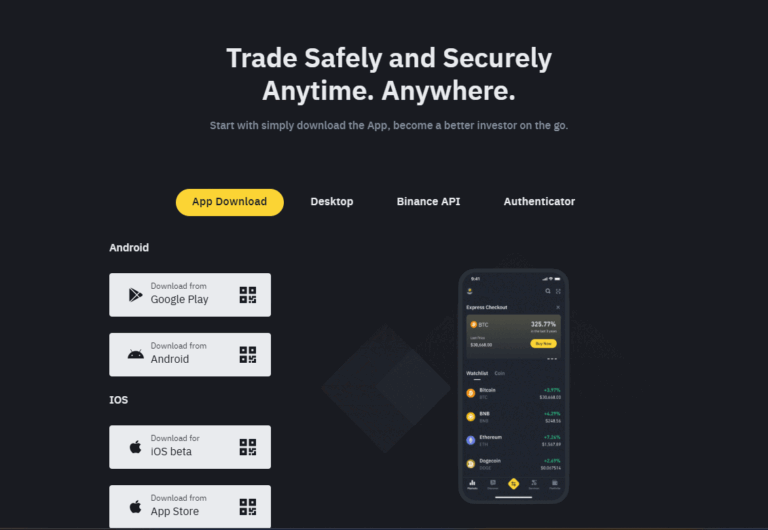 Binance mobile app download page with Android and iOS options
