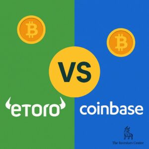 Comparison of eToro and Coinbase platforms with logos and Bitcoin icons