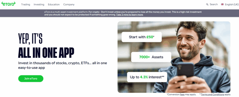 eToro UK trading platform homepage showing all-in-one investment app with stocks, crypto and ETFs
