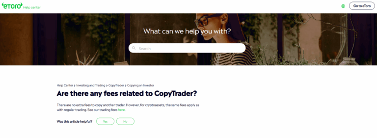 Official eToro support article detailing copy trading fees, confirming no extra charges for using CopyTrader