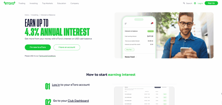 eToro earn up to 4.3 percent annual interest on USD cash balance banner