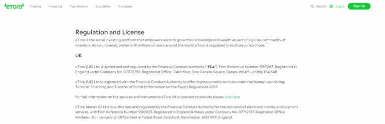 eToro UK regulation and FCA license details showing authorisation for trading and cryptocurrency services in 2025