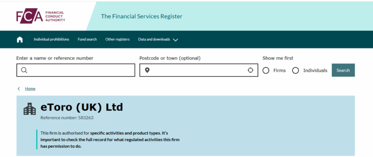 FCA registration entry for eToro UK Ltd confirming platform is regulated for trading activities in the UK.