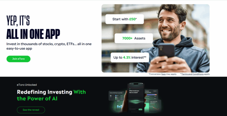 eToro UK trading app promotion showing investing from £50 in stocks, crypto, ETFs and earning interest in 2025